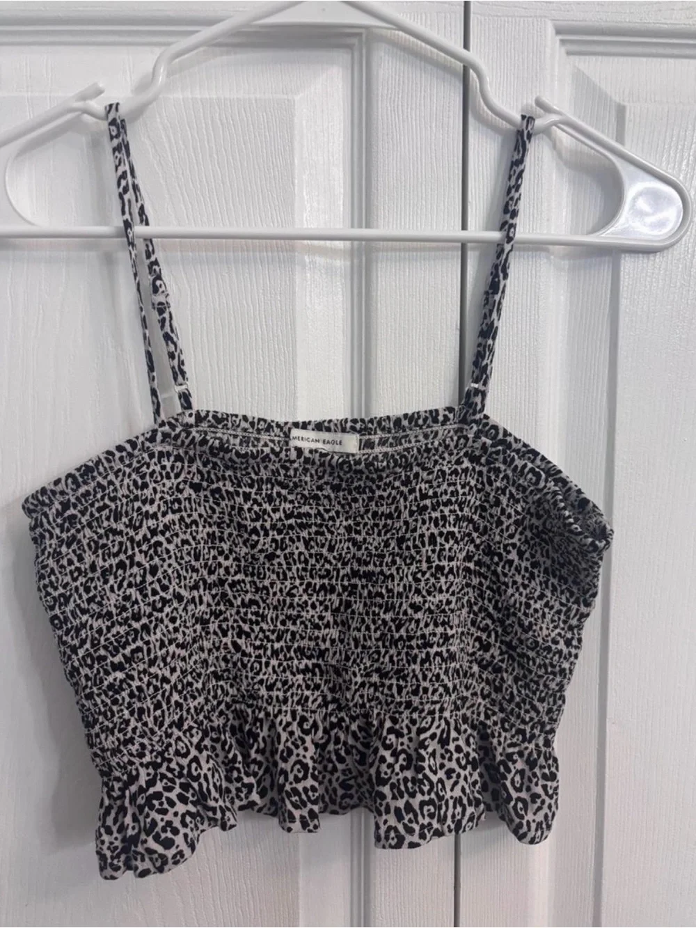 American Eagle Outfitters Black and White Leopard Smocked Crop Cami